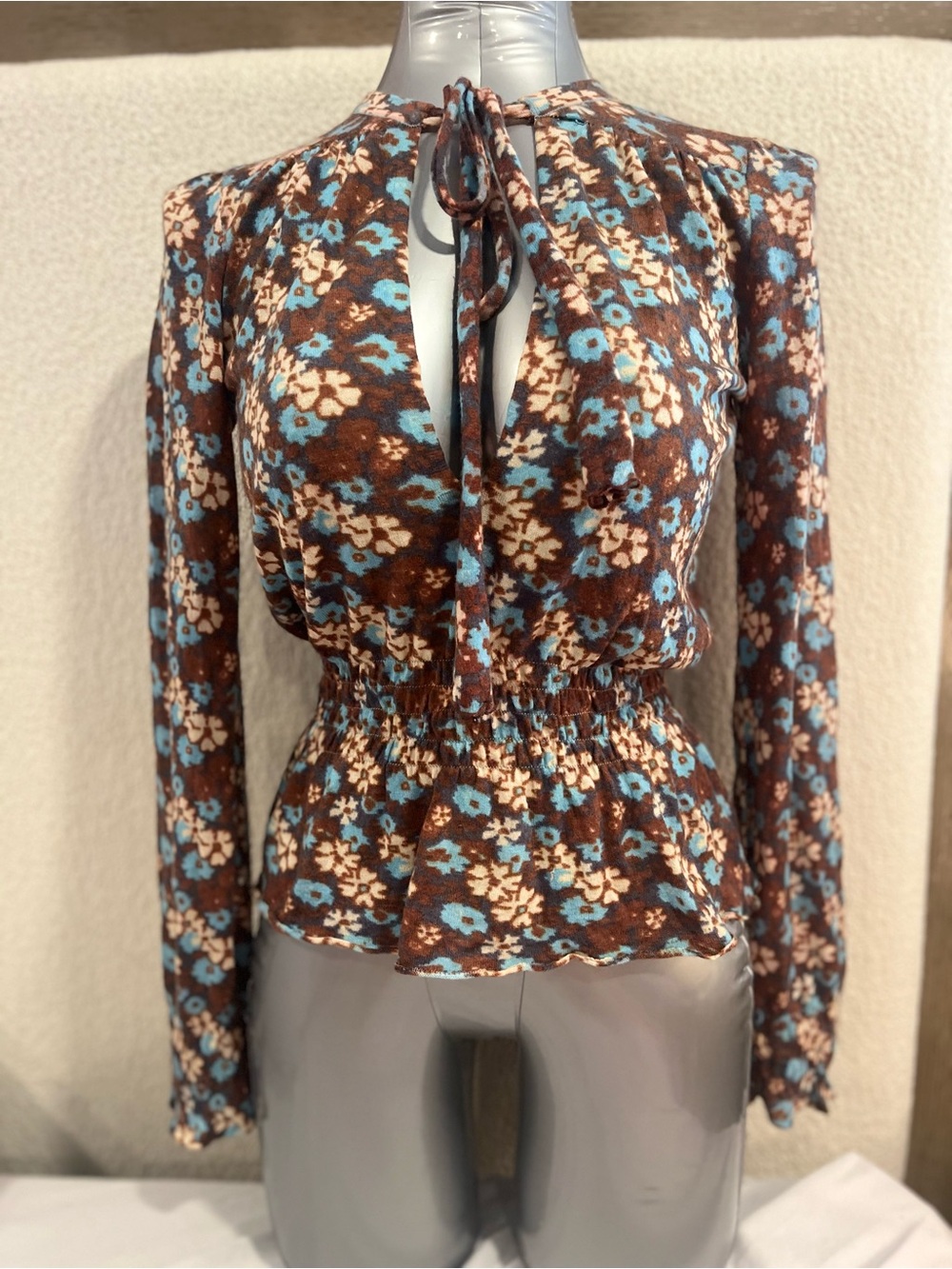 Free People Wool Blend Smocked Waist Knit Top Pullover Womens S Floral Brown